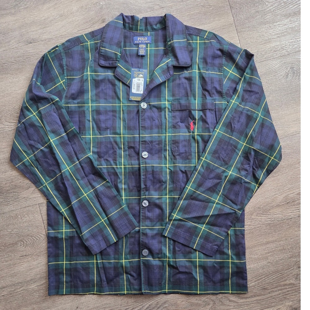 New Polo Ralph Lauren Sleep Shirt Mens Medium Blue Green Plaid Cotton P513RL